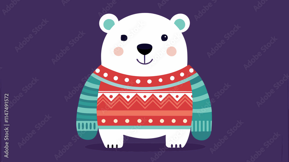 Charming polar bear in a colorful festive sweater with a friendly smile on a dark purple background Charming polar bear in a colorful festive sweater with a friendly smile on a dark purple background