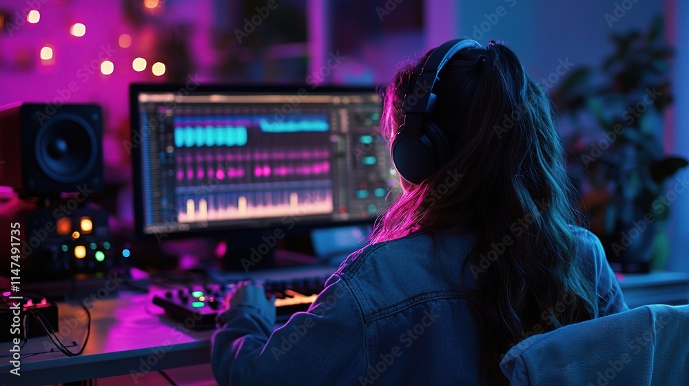 Female Podcaster Recording Audio at Home in Cozy Environment