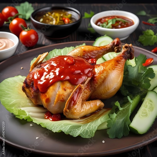 Grilled chicken with chili sauce served with cucumber and cabbage leaves neatly arranged.