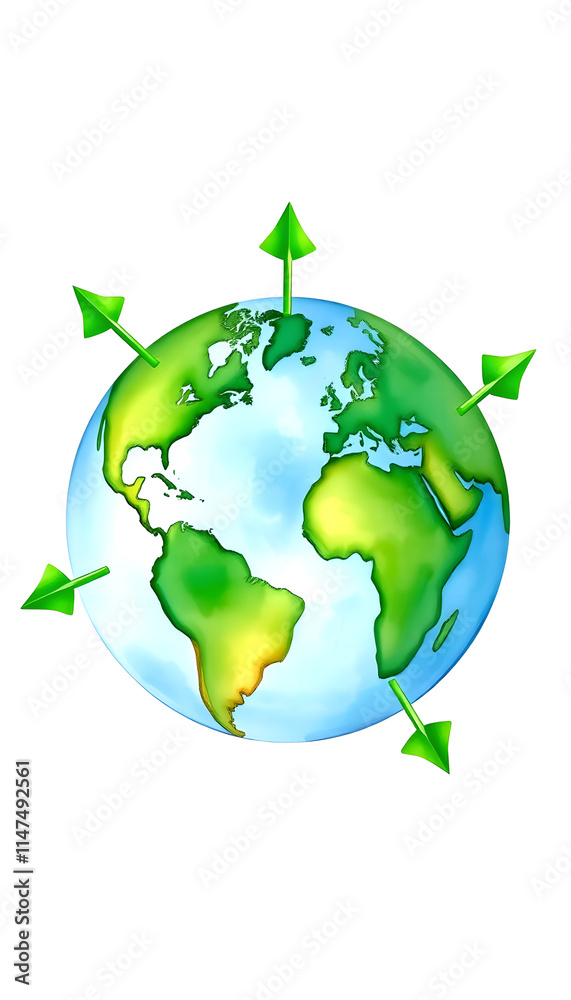 Earth Globe with Green Arrows, watercolor, with white tones