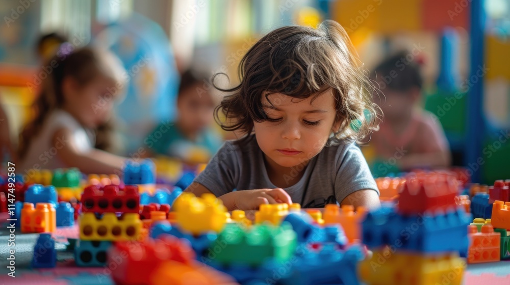 A child focused on building with colorful blocks in a playful environment. A child focused on building with colorful blocks in a playful environment.