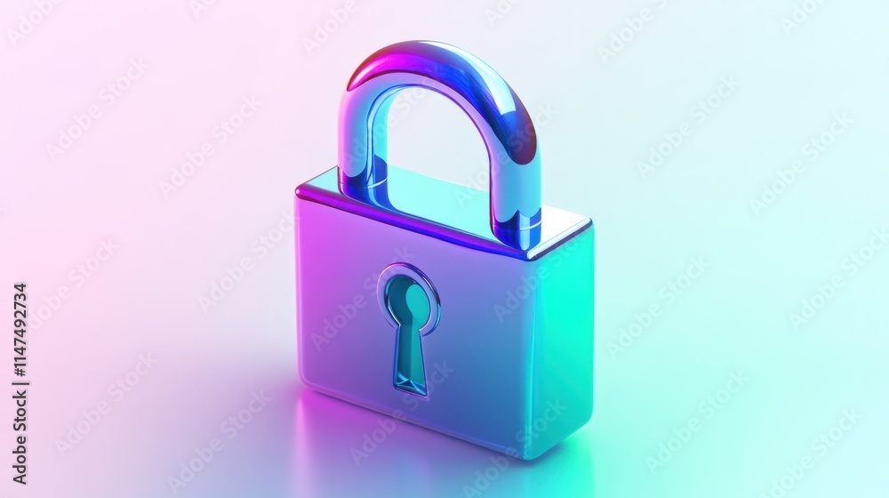 A glossy 3D lock icon with gradient colors transitioning from purple to teal, rendered with smooth and reflective textures, on white A glossy 3D lock icon with gradient colors transitioning from purple to teal, rendered with smooth and reflective textures, on white