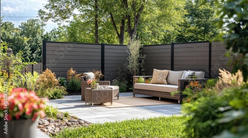 Modern patio furniture with a dark gray composite fence. Ideal for showcasing backyard design, landscaping, or outdoor living spaces.