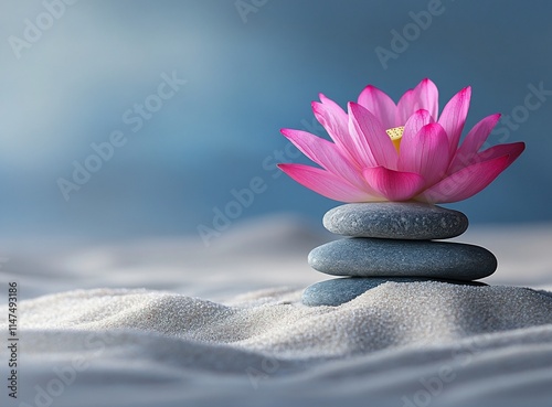 Pink lotus flower atop stacked grey stones in white sand.