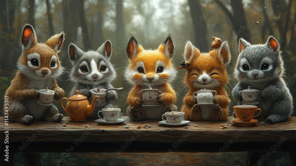 Fototapeta premium Five adorable squirrels enjoy tea party.