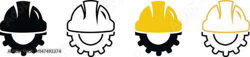 Helmet and gear icon set. Workwear, helmet construction and cogwheel. Safety and protection, engineer. Construction helmet with gear, vector.Helmet sign and symbol. Construction helmet icon.