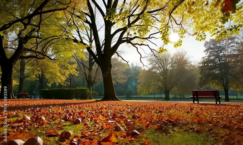 Autumn Serenity: A park bathed in golden sunlight, leaves scattered on the ground, and benches inviting relaxation. Autumn Serenity: A park bathed in golden sunlight, leaves scattered on the ground, and benches inviting relaxation.