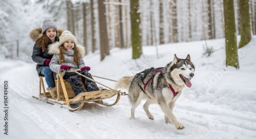 Husky dog pulling two young girls in snow
