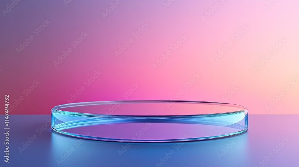 Transparent circular glass podium set against a pastel blue and pink gradient background, perfect for minimalist product displays or luxury branding . Transparent circular glass podium set against a pastel blue and pink gradient background, perfect for minimalist product displays or luxury branding .