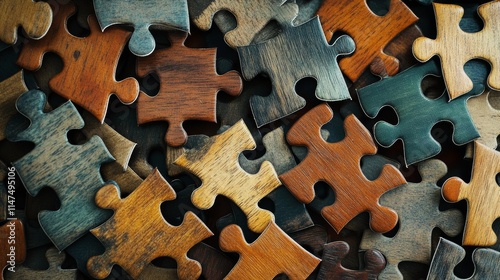 Teamwork and partnership concept. Hands are raised against a bright, white sky, each holding a piece of a wooden jigsaw puzzle. teamwork, problem-solving, Charity, volunteer. Unity, team business.