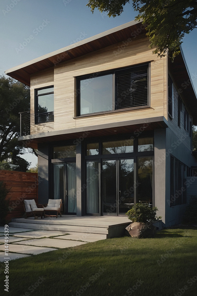 Modern Two-Story House with Wood Siding and Large Windows Modern Two-Story House with Wood Siding and Large Windows
