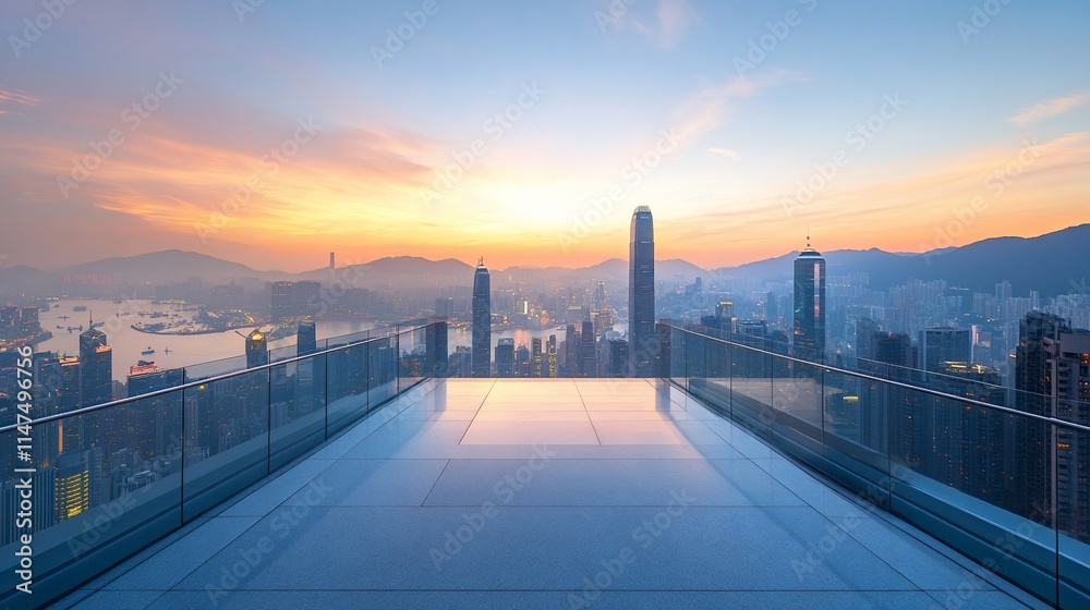 Fototapeta premium A stunning cityscape at sunset with a panoramic view of skyscrapers.