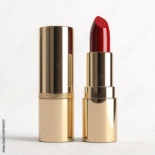 Elegant red lipstick in luxurious gold tube, showcasing premium and sophisticated design. Perfect for beauty and fashion enthusiasts