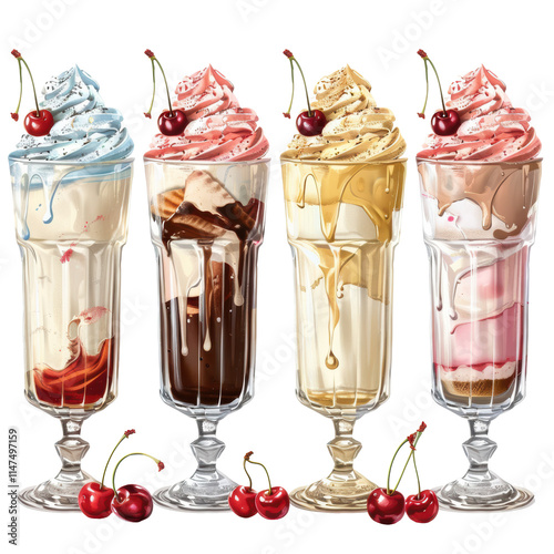 Vanilla Milkshakes with Whipped Cream and Cherries Isolated on Transparent or White Background, PNG
