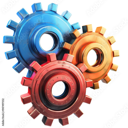 Three Colorful Gears Mechanical Parts Isolated on Transparent or White Background, PNG