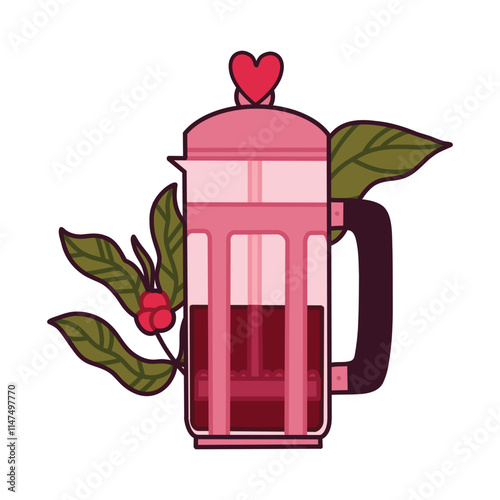 French Press With Heart Design Surrounded by Coffee Leaves and Berries