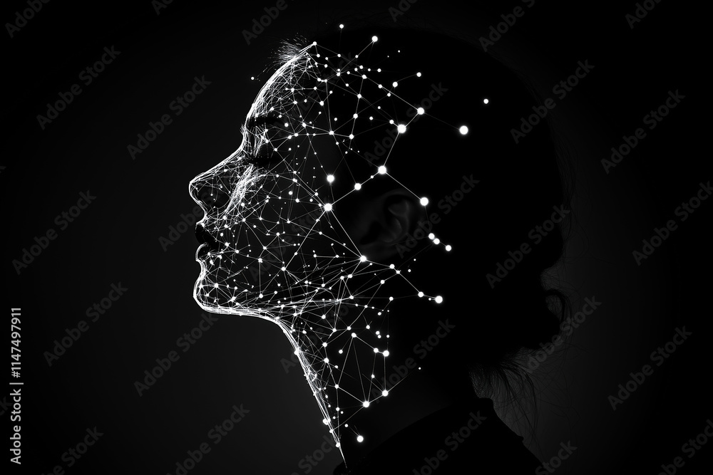 Silhouette of a woman deep in thought with black and white interconnected brain network lines
