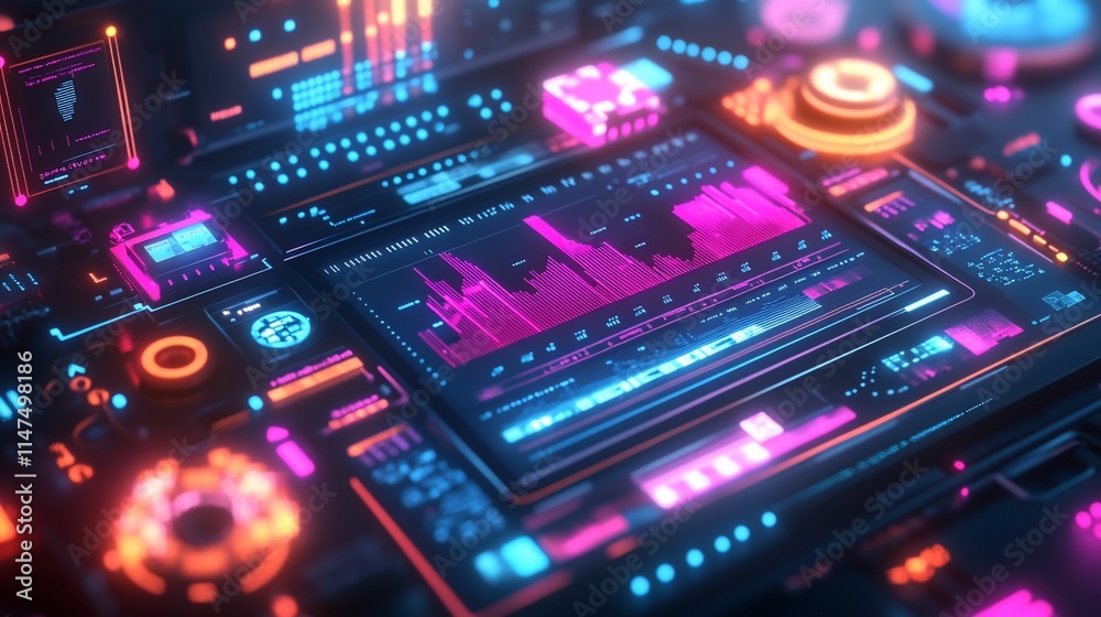A vibrant digital interface displaying data visualizations and analytics.