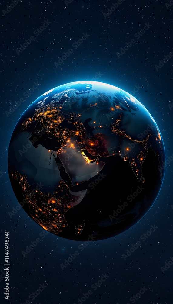 Naklejka premium Amazing night planet Earth with Europe, Africa and Eastern countries with bright night city lights in starry space. Megacities and light view from space, with white tones