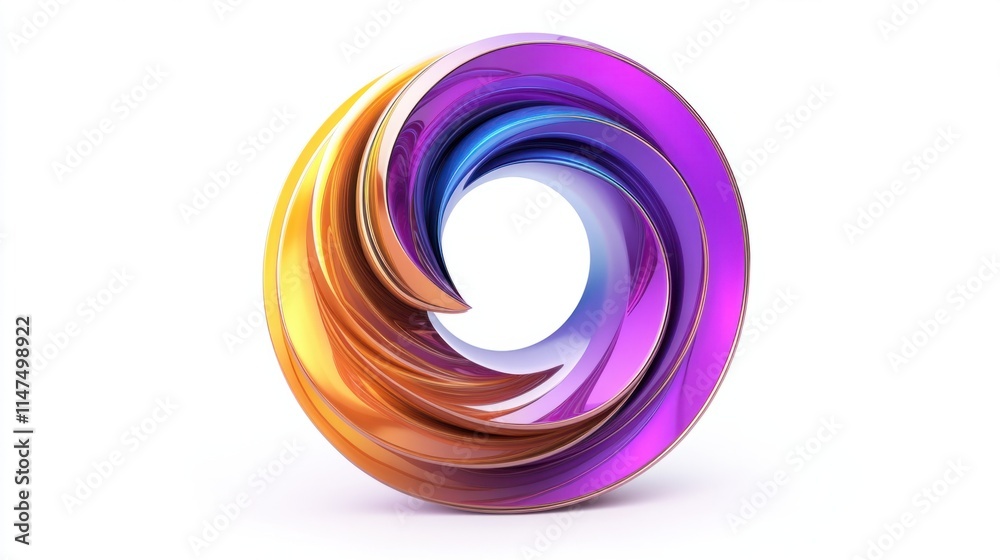 A vibrant 3D spiral icon with iridescent tones transitioning from gold to purple, rendered in a sleek design, isolated on white A vibrant 3D spiral icon with iridescent tones transitioning from gold to purple, rendered in a sleek design, isolated on white