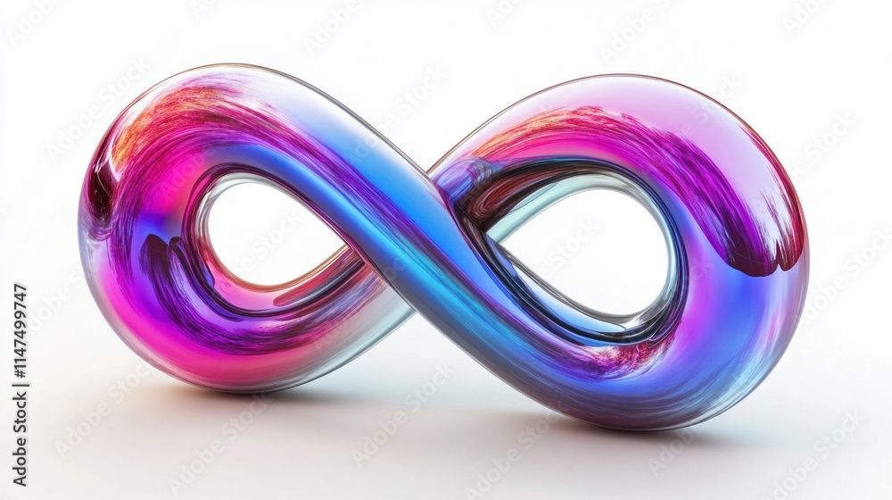 An abstract 3D infinity icon with iridescent hues blending across its curved structure, isolated on a white background An abstract 3D infinity icon with iridescent hues blending across its curved structure, isolated on a white background