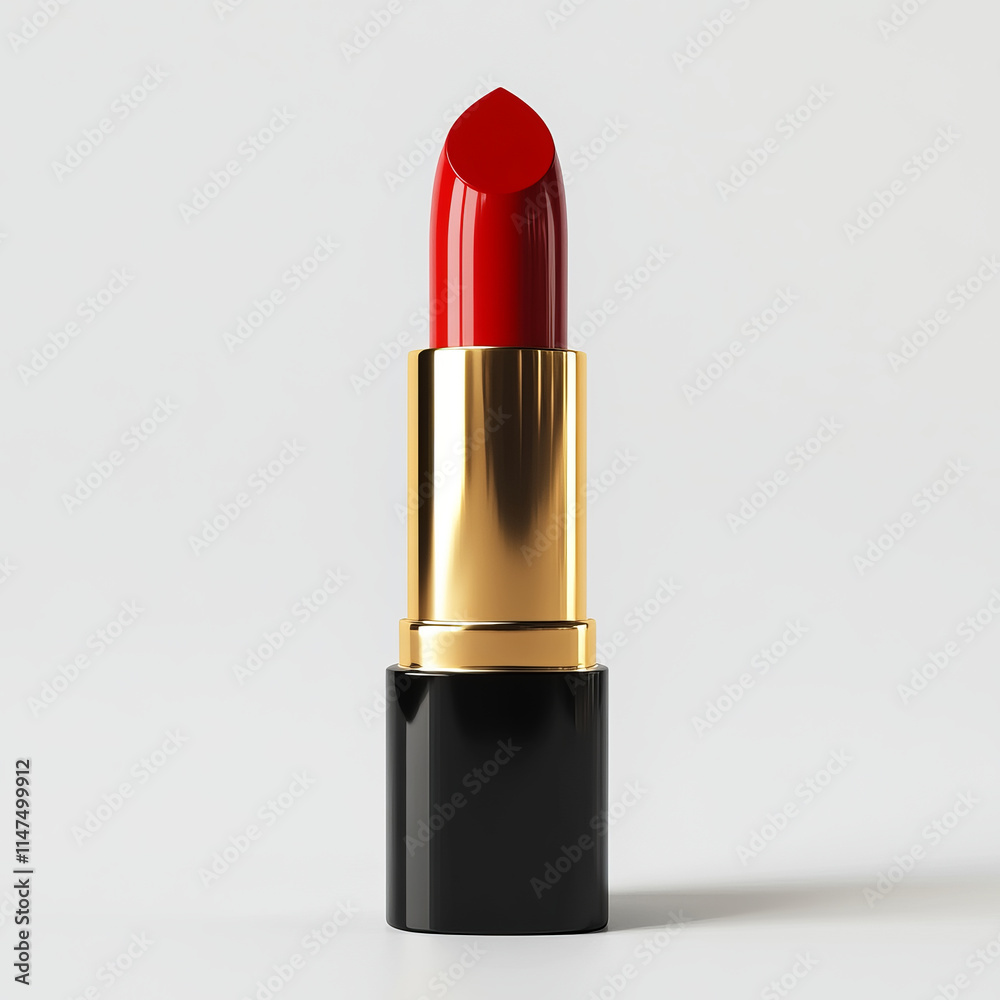 vibrant red lipstick with gold and black casing, standing upright on clean white background, showcasing its elegant and luxurious design vibrant red lipstick with gold and black casing, standing upright on clean white background, showcasing its elegant and luxurious design