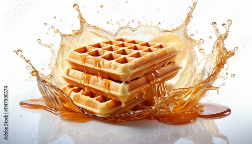 Waffles With Syrup - Delicious Waffles In Syrup Splashes, Isolated On White Background