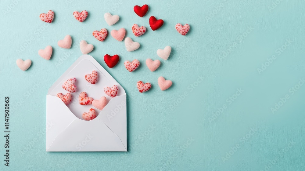 A white envelope is surrounded by colorful heart-shaped candies, creating a sweet and romantic atmosphere on a soft blue background. A white envelope is surrounded by colorful heart-shaped candies, creating a sweet and romantic atmosphere on a soft blue background.