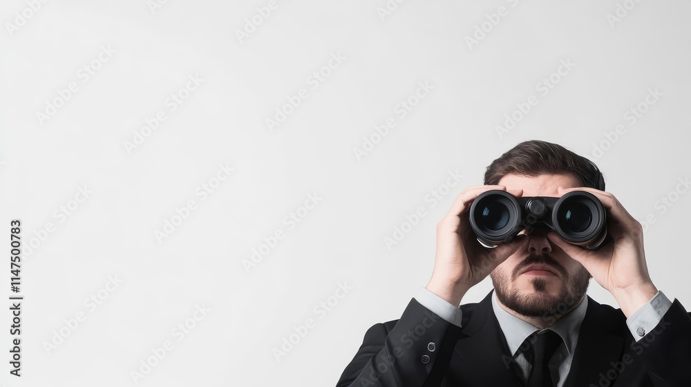 Businessman in a suit using binoculars, looking into the distance, showcasing focus, determination, and a strategic approach to the future in a minimalist setting. Businessman in a suit using binoculars, looking into the distance, showcasing focus, determination, and a strategic approach to the future in a minimalist setting.