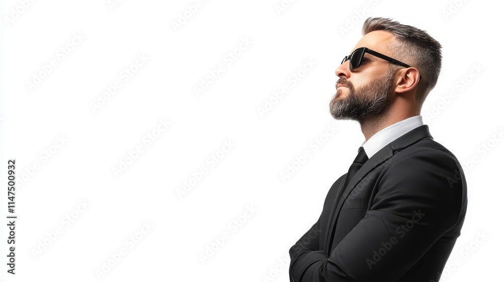 Confident Businessman in Sunglasses with Beard in Formal Suit Posing Against White Background, Stylish Look and Professional Attitude Confident Businessman in Sunglasses with Beard in Formal Suit Posing Against White Background, Stylish Look and Professional Attitude