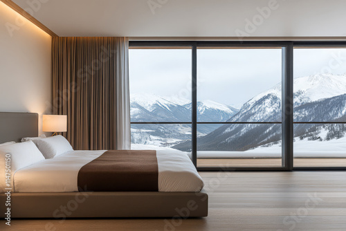 Modern bedroom with mountain view featuring large window and elegant decor