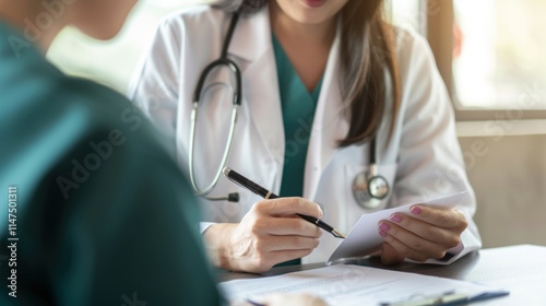 A healthcare professional discusses patient information with another individual.