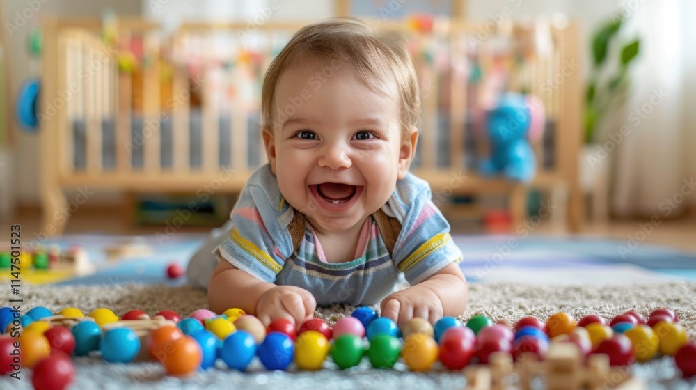 A joyful baby playing on the floor with colorful toys in a bright, cheerful room. A joyful baby playing on the floor with colorful toys in a bright, cheerful room.