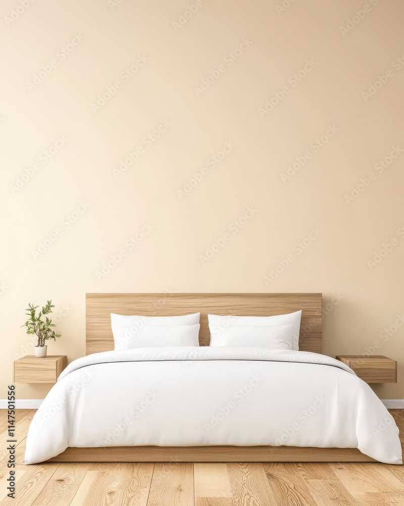 Fototapeta premium Soft linens on a wooden bed frame in a minimalist bedroom with natural light