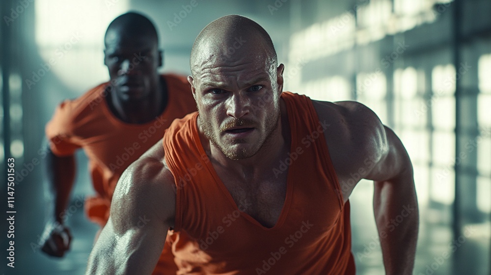 Presos escapando de prisión. Corredores atléticos concentrados en una intensa carrera en interiores, con iluminación dramática y camisetas naranjas Presos escapando de prisión. Corredores atléticos concentrados en una intensa carrera en interiores, con iluminación dramática y camisetas naranjas
