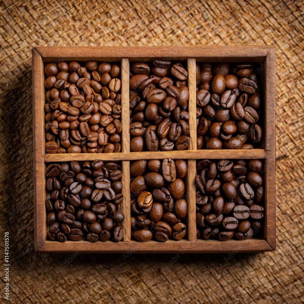 Assorted coffee beans, including light roasted and dark roasted varieties, arranged in a textured background Assorted coffee beans, including light roasted and dark roasted varieties, arranged in a textured background