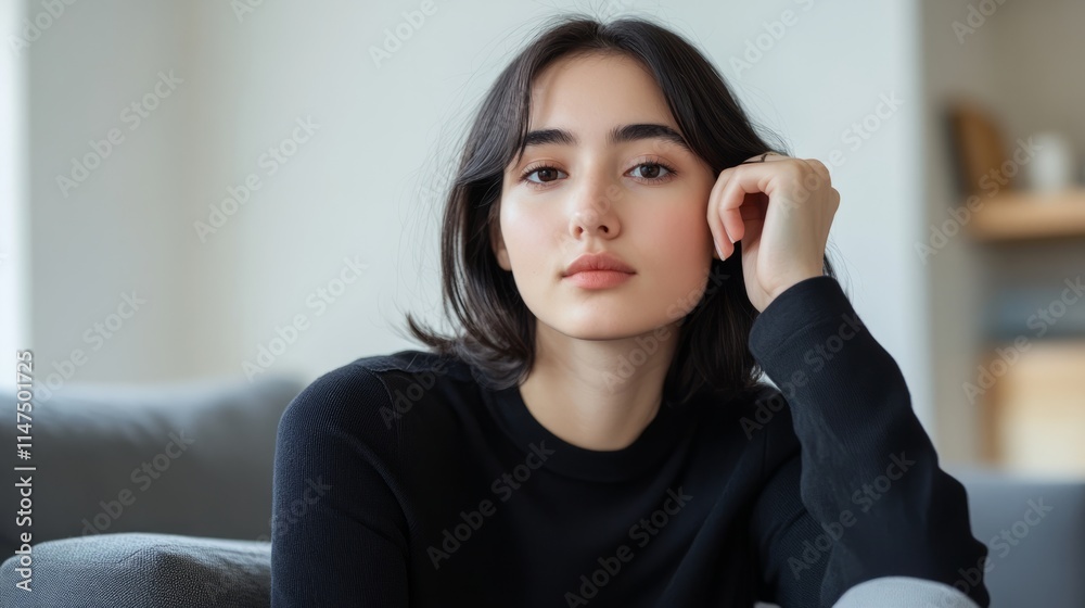 Brunette woman in black top posing near blurred wall at home Brunette woman in black top posing near blurred wall at home