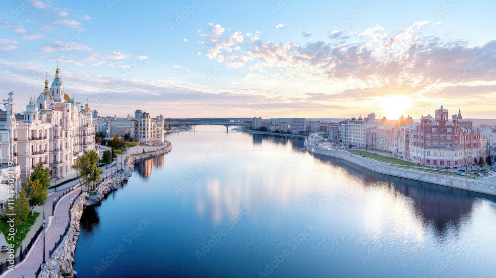 Obraz premium Sunrise over calm river, city skyline with buildings and bridge reflections.