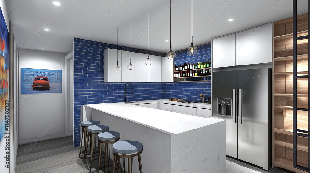 Modern Kitchen Design with Blue Subway Tiles and Island Counter Modern Kitchen Design with Blue Subway Tiles and Island Counter