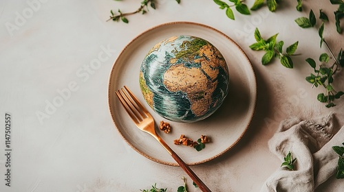 Overhead view of a globe-shaped dessert on a plate, surrounded by herbs and a gold fork.
