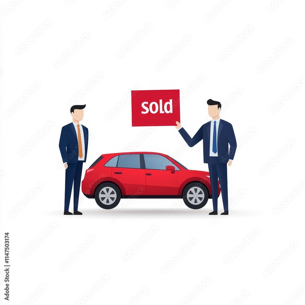 Two Businessmen in Suits Next to Red Car with Sold Sign Illustrating Successful Automotive Sale and Business Transaction in Modern Environment Two Businessmen in Suits Next to Red Car with Sold Sign Illustrating Successful Automotive Sale and Business Transaction in Modern Environment
