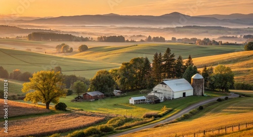 Art countryside landscape with sunrise view rural farm and farmland field