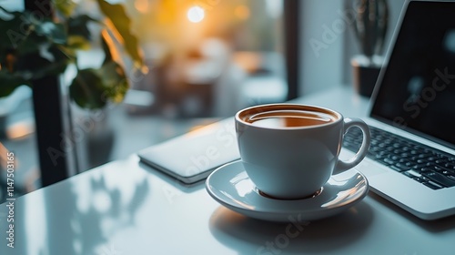 Coffee cup on saucer beside laptop and notebook on white table near window with sunset view.