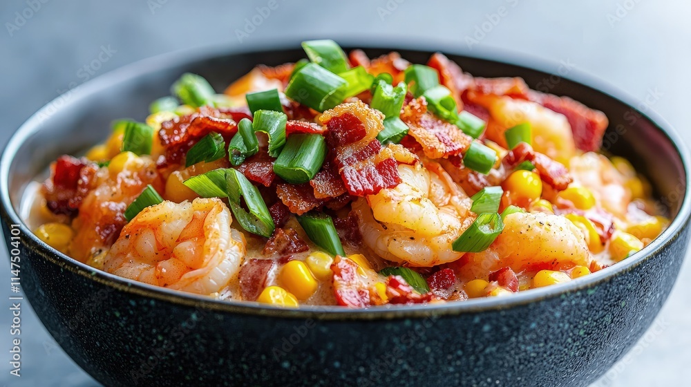 Creamy shrimp and corn dish with bacon and green onions in a bowl. Creamy shrimp and corn dish with bacon and green onions in a bowl.