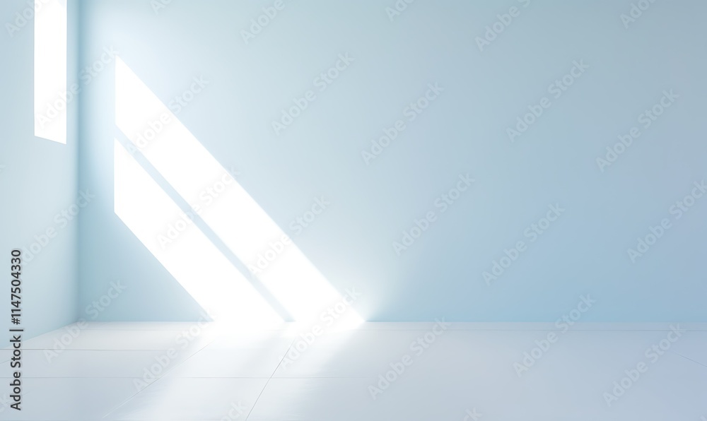 Bright sunlight streams through a window into a minimalist, light blue room. Bright sunlight streams through a window into a minimalist, light blue room.