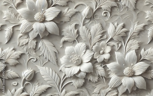 Ornate 3D Floral Design with Intricate Leaves and Petals in Monochromatic Elegance