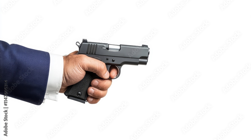 Professional Businessman Holding a Handgun in a Formal Suit, Symbolizing Tension, Power Dynamics, and Conflict in Workplace Situations in a Dramatic White Background Professional Businessman Holding a Handgun in a Formal Suit, Symbolizing Tension, Power Dynamics, and Conflict in Workplace Situations in a Dramatic White Background