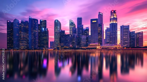 Vibrant city skyline at sunset, reflected in calm water.