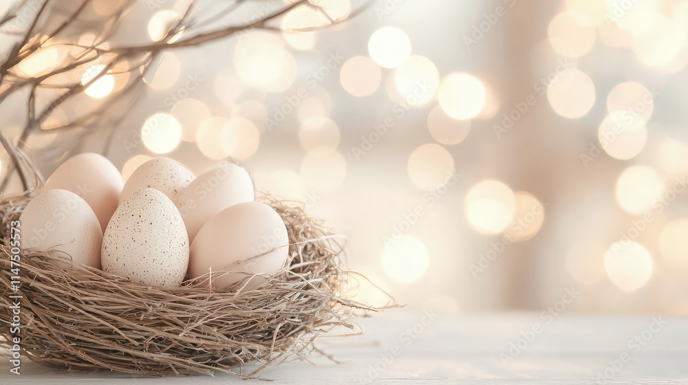 Rustic bird nest with speckled eggs on a wooden surface, bokeh background. Rustic bird nest with speckled eggs on a wooden surface, bokeh background.