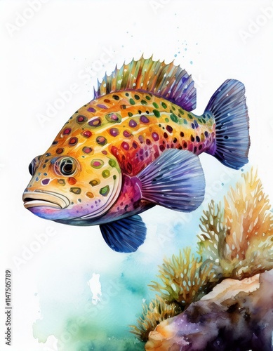 Vibrant watercolor illustration of a leopard coral grouper on a white background. photo